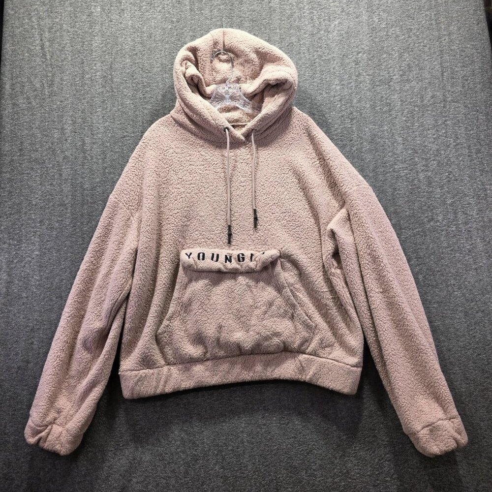 YoungLA Hoodie Mens XL Beige Sherpa Fleece Pullover Kangaroo Pocket Hooded Teddy